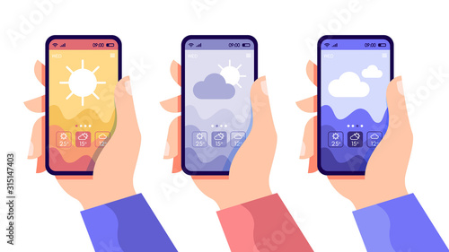 Hands holding smartphone with cloudy and sunny day concept. Weather app, touchscreen device with different seasons and daily temperature, vector flat illustration
