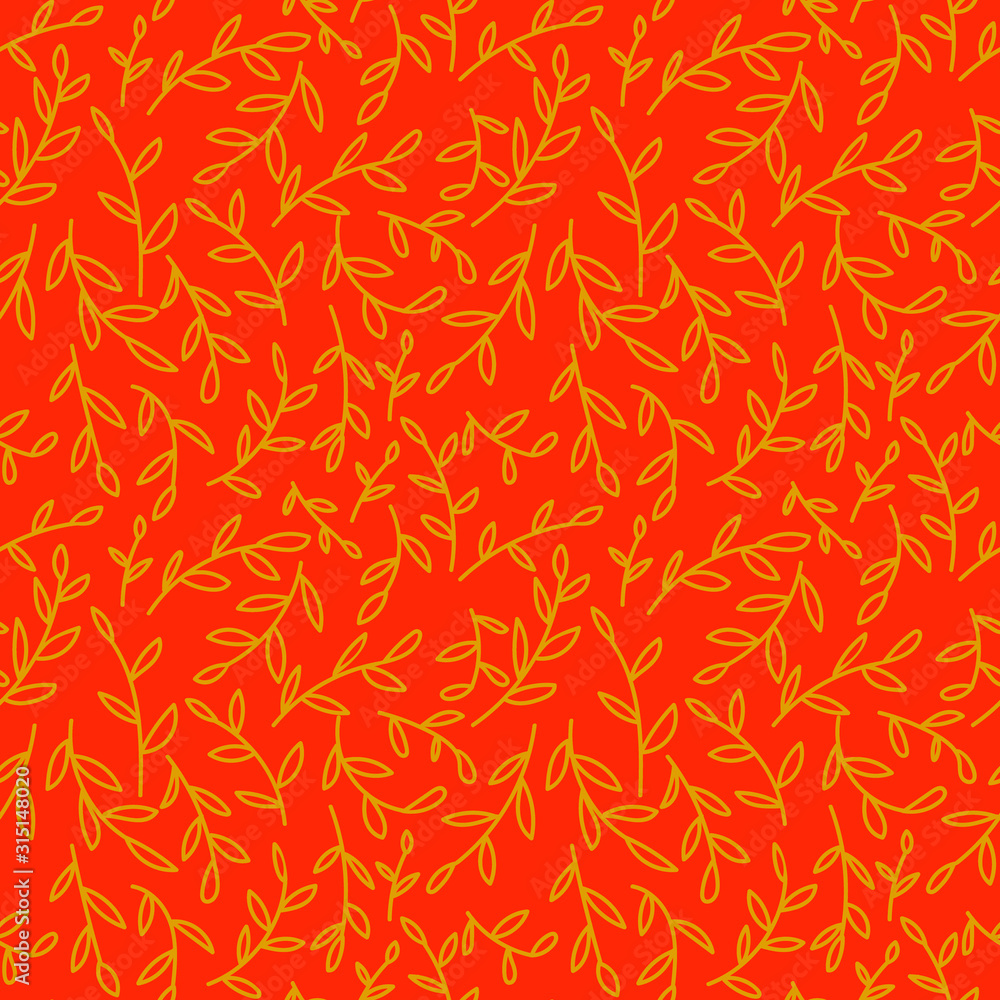 Seamless pattern of small branches with leaves on a red background. Packaging for the holiday, new year, Christmas, Valentine's day. Nice illustration. Vector Seamless pattern of small branches with leaves on a red background. Packaging for the holiday, new year, Christmas, Valentine's day. Nice illustration. Vector
