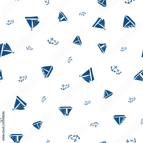 Vector stencil style navy blue sailing boats and sets of anchors in all over print design. Seamless pattern on white background. Great for sport, nautical, summer products,vacation, fabric, packaging