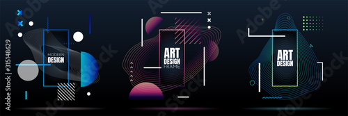 3 dynamic stylish frames. Linear graphic abstraction. Digital style. Vector illustration. Element for design invitations, gift cards, flyers, web banners, covers. Shapes on dark background.