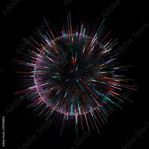 3d render of dark sphere with colorful particles are being emitted from. Fast technology concept. Speed of information transferring.