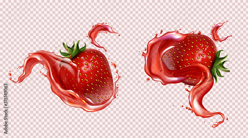 Strawberry with juice splash, realistic vector illustration. Ripe sweet red berries with green leaf and seeds in falling liquid with flying drops, isolated on transparent background, package design