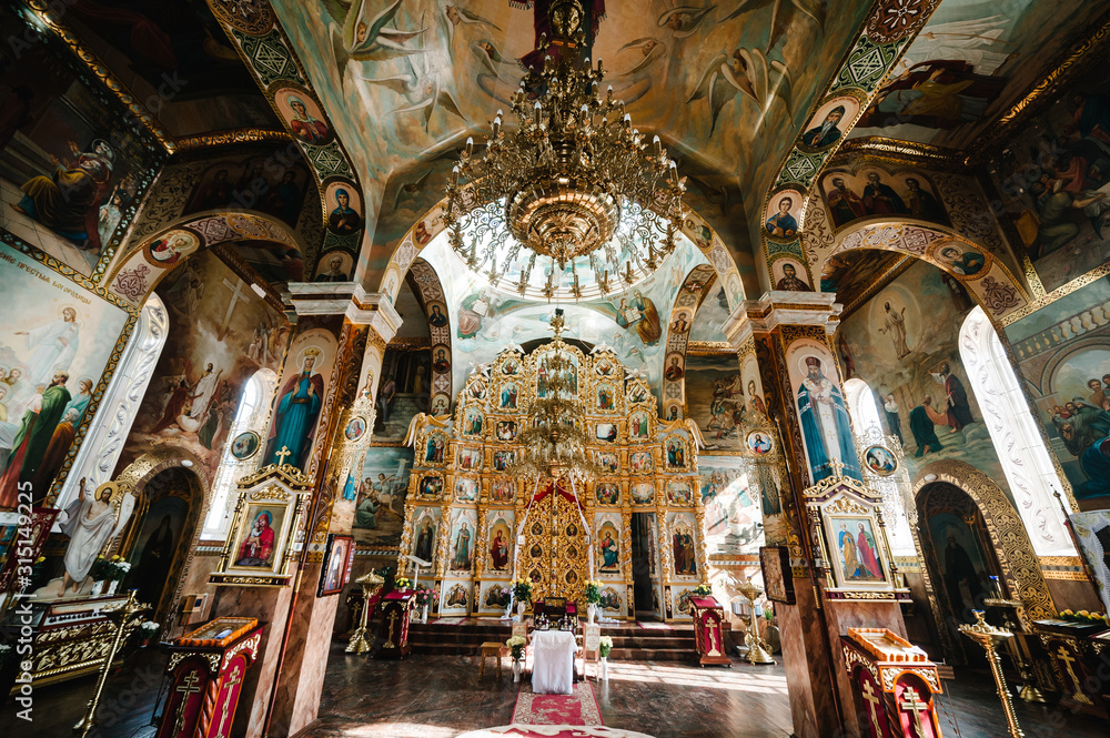 Orthodox Church. church icons, religion. Christianity. Church from the middle, church throne, altar.