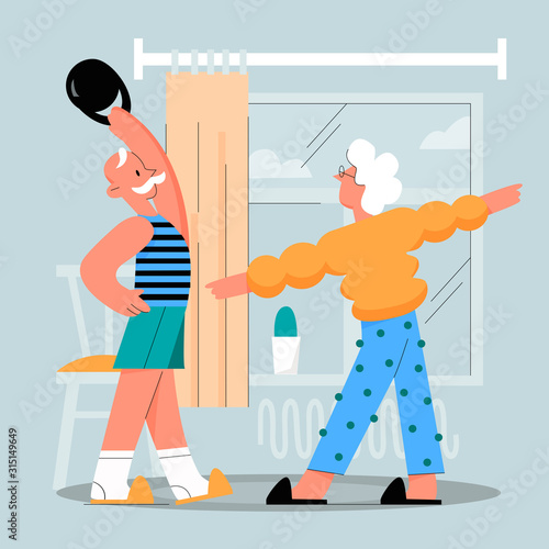 Sport family flat vector illustration. Fitness for health. Elderly people aerobics. Retirement active lifestyle. Exercise at home. Pensioners cartoon characters on pastel blue background