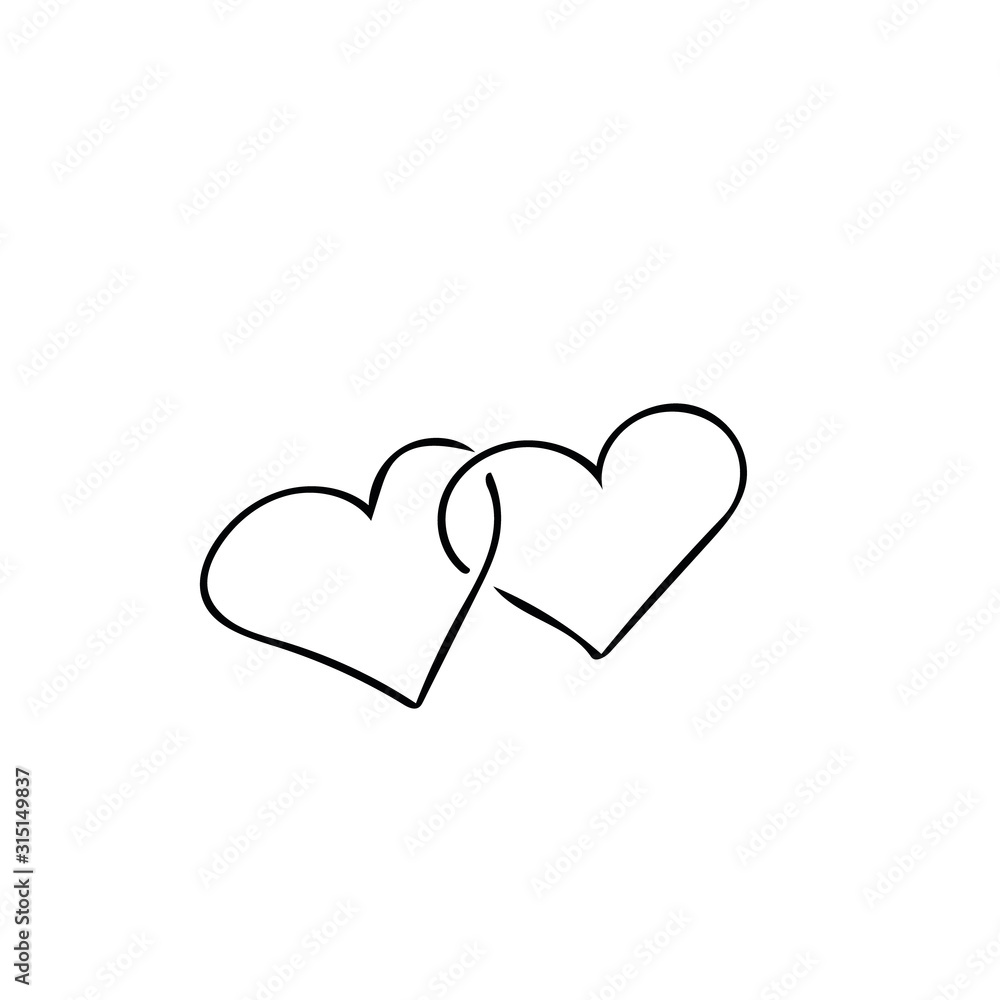 Two hearts hand drawn in doodle style. a pair of hearts connected
