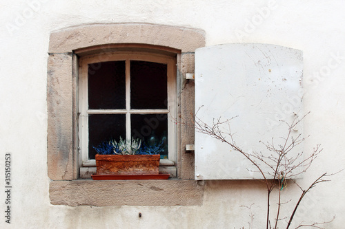 Small square window with only one white wooden shutter with a flower pot on the sill