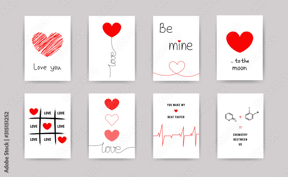 Valentine's day greeting cards set. Vector thin one line design with hearts simple flat style. Hand written lettering decorative brush strokes, love symbols for gifts, cards, posters - obrazy, fototapety, plakaty 