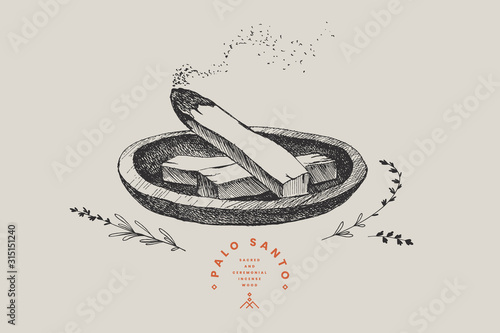 Hand-drawn sticks of the sacred wood of Palo Santo, steaming with aroma. Latin American incense for meditation. Vintage vector illustration.
