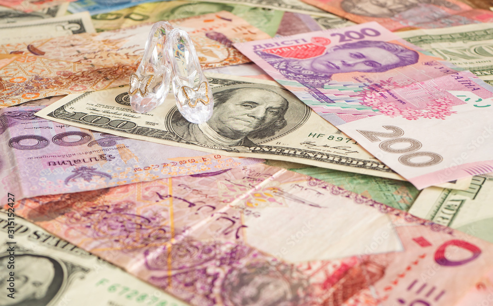 High heels on different currencies. Money for love. Prostitution High heels on different currencies. Money for love. Prostitution