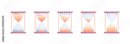 Set of hourglasses at different stages countdown