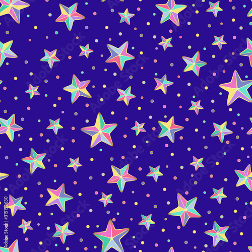 Bright colorful cartoon stars stars and circles with golden outline on a blue background. Vector seamless pattern.