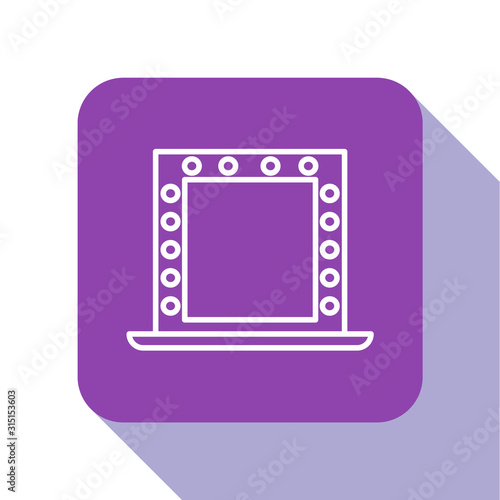 White line Makeup mirror with lights icon isolated on white background. Purple square button. Vector Illustration