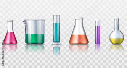Set of isolated realistic glassware flask or glass
