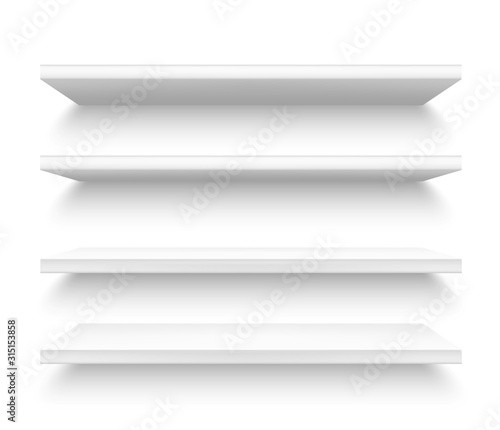 Realistic plastic shelves, 3d metallic white shelf photo