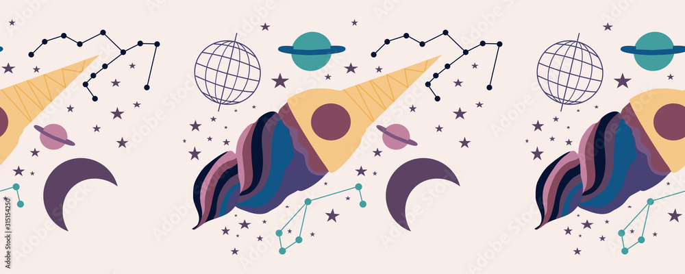horizontal border with spaceship ice crem and celestials horizontal border with spaceship ice crem and celestials