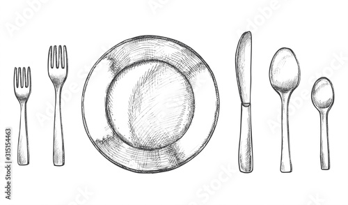Sketch of plate and spoon, fork and knife