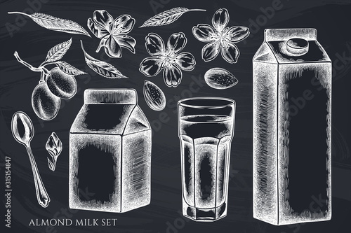 Vector set of hand drawn chalk almond, glass, milk boxes, teaspoon