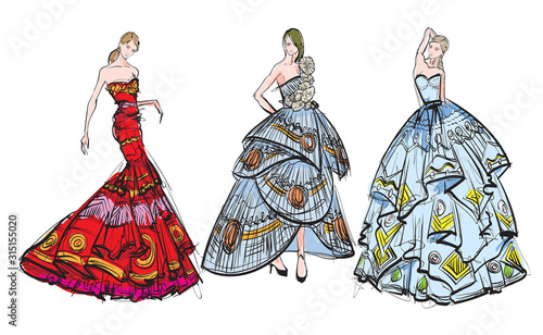 Beautiful young women in ethnic style.. Hand drawn stylish woman portrait. Fashion lady. Festive outfit. Sketch. Fashion model posing in dress. Hand drawn fashion woman.
