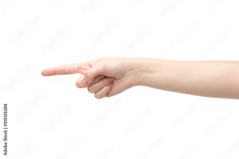cropped view of woman pointing with finger isolated on white cropped view of woman pointing with finger isolated on white