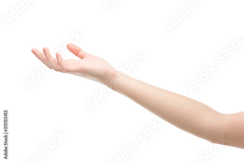 cropped view of woman pointing with hand isolated on white