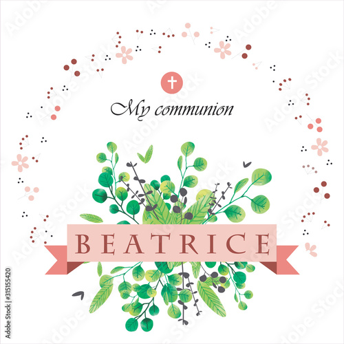 My first communion illustration. Religious event card PINK
