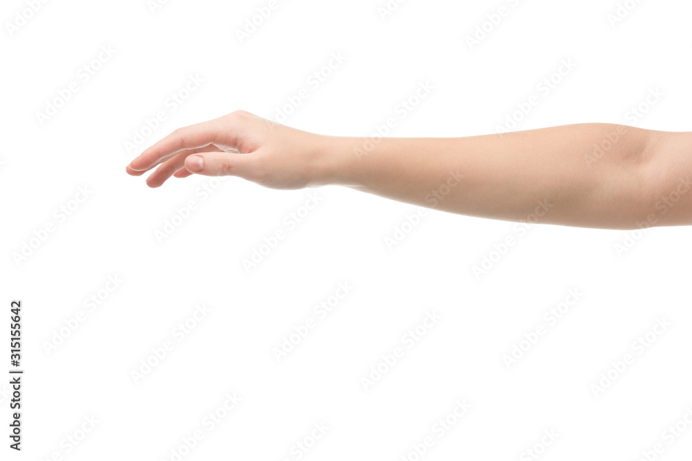 cropped view of woman with outstretched hand isolated on white cropped view of woman with outstretched hand isolated on white