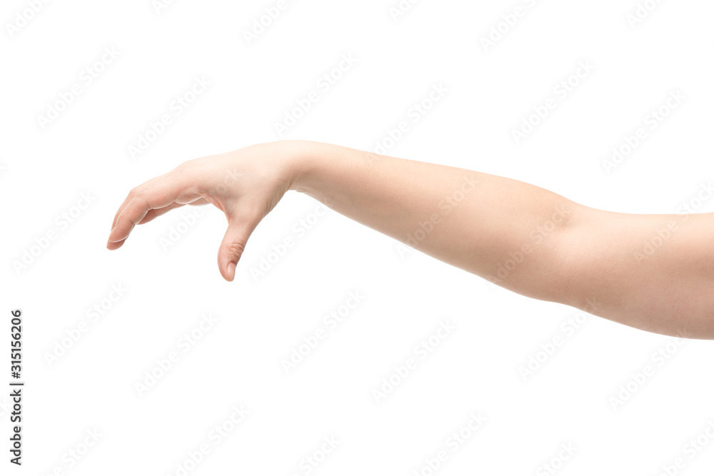 cropped view of woman showing hold gesture isolated on white cropped view of woman showing hold gesture isolated on white