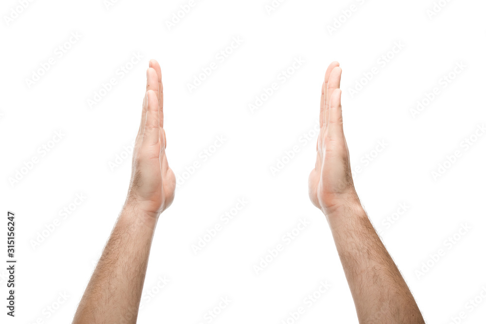 cropped view of man showing hold gesture isolated on white cropped view of man showing hold gesture isolated on white
