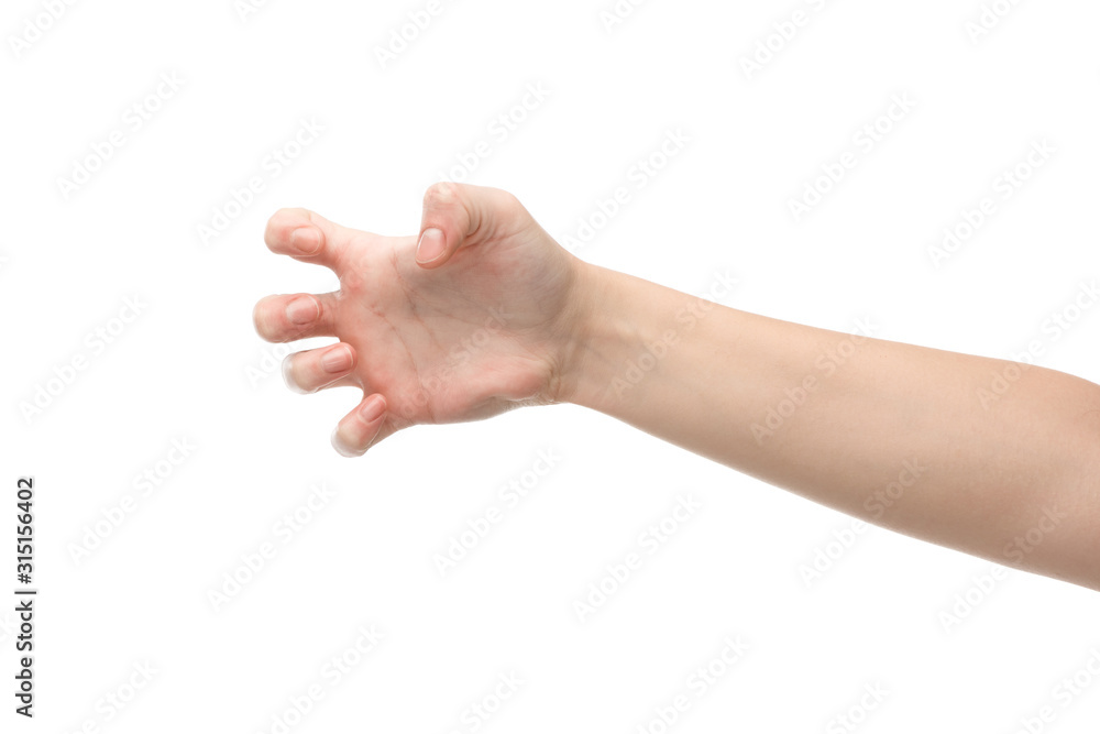 cropped view of woman showing grab gesture isolated on white