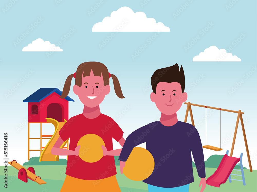 Φωτογραφία kids zone, happy boy and girl with balls and swing slide seesaw playground