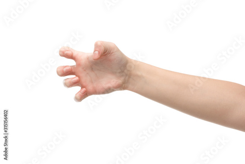 cropped view of woman showing grab gesture isolated on white
