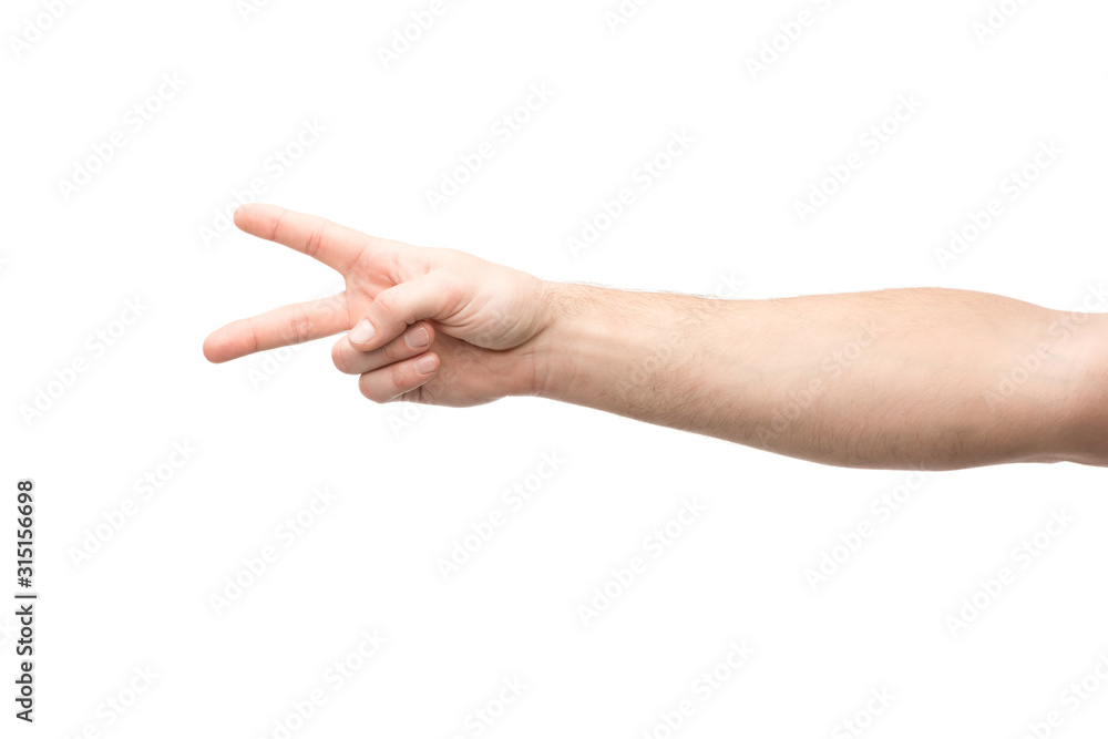 cropped view of man showing peace sign isolated on white cropped view of man showing peace sign isolated on white