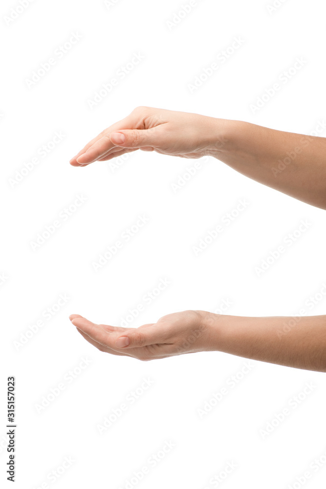 cropped view of woman showing hold gesture isolated on white cropped view of woman showing hold gesture isolated on white