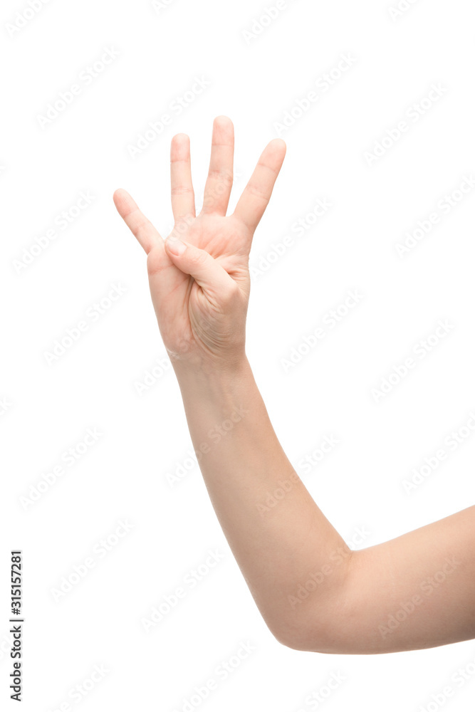 cropped view of woman showing four fingers gesture isolated on white cropped view of woman showing four fingers gesture isolated on white