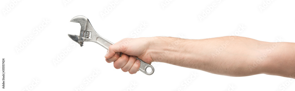panoramic shot of man holding spanner isolated on white panoramic shot of man holding spanner isolated on white