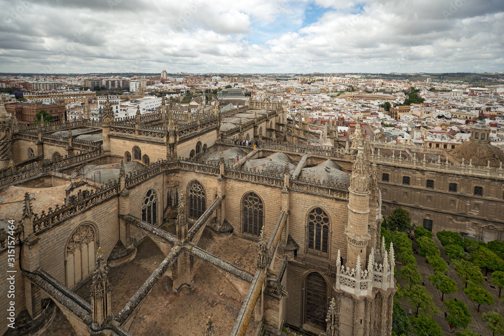 View to Seville cathedral and the city from Giralda belfry, Spain
