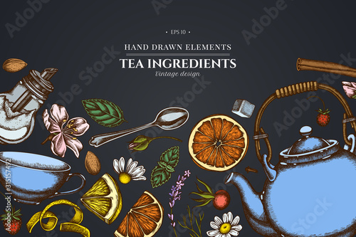 Design on dark background with cinnamon, lemons, oranges, tea bag, sugar cubes, heather, chamomile, dog rose, peppermint, almond, strawberry, teaspoon, teapots, cups, sugar bowl