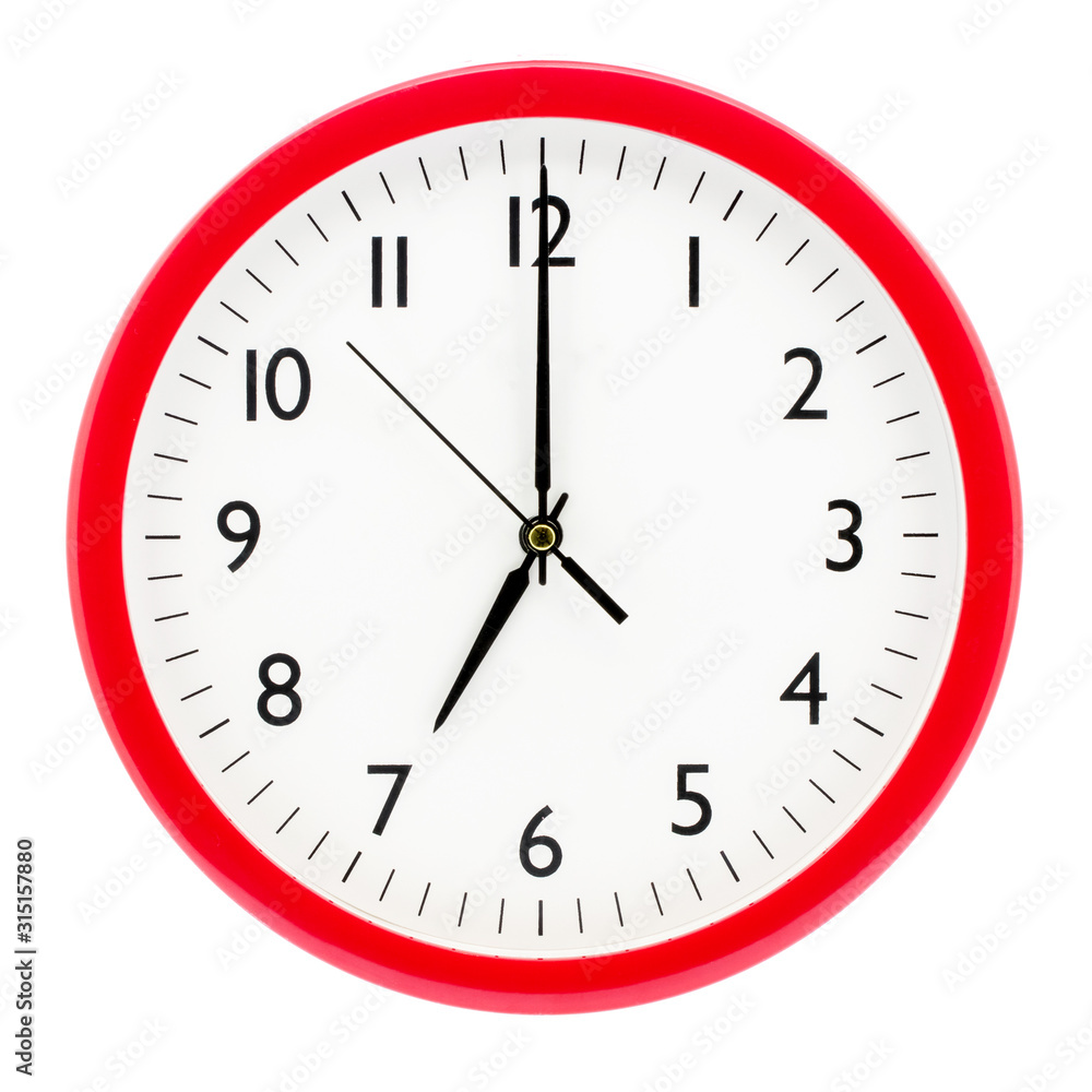 Clock with red round frame on white isolated background shows 7(19) hours 00 minutes_ Clock with red round frame on white isolated background shows 7(19) hours 00 minutes_