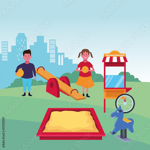 kids zone, happy boy and girl with balls sandbox spring horse and food booth playground