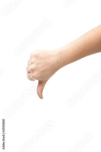 cropped view of woman showing dislike isolated on white