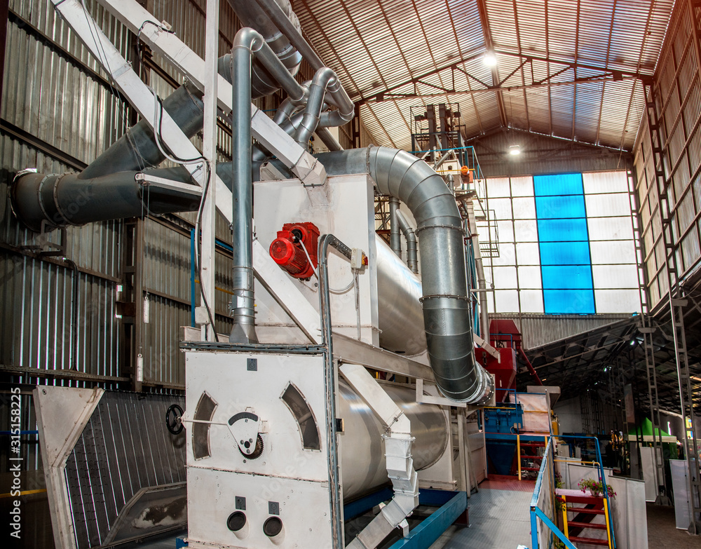 Agroindustrial view with internal structures and equipment of grain elevator.