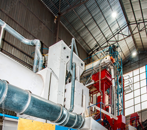 Agroindustrial view with internal structures and equipment of grain elevator.