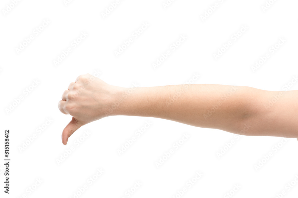cropped view of woman showing thumb down isolated on white