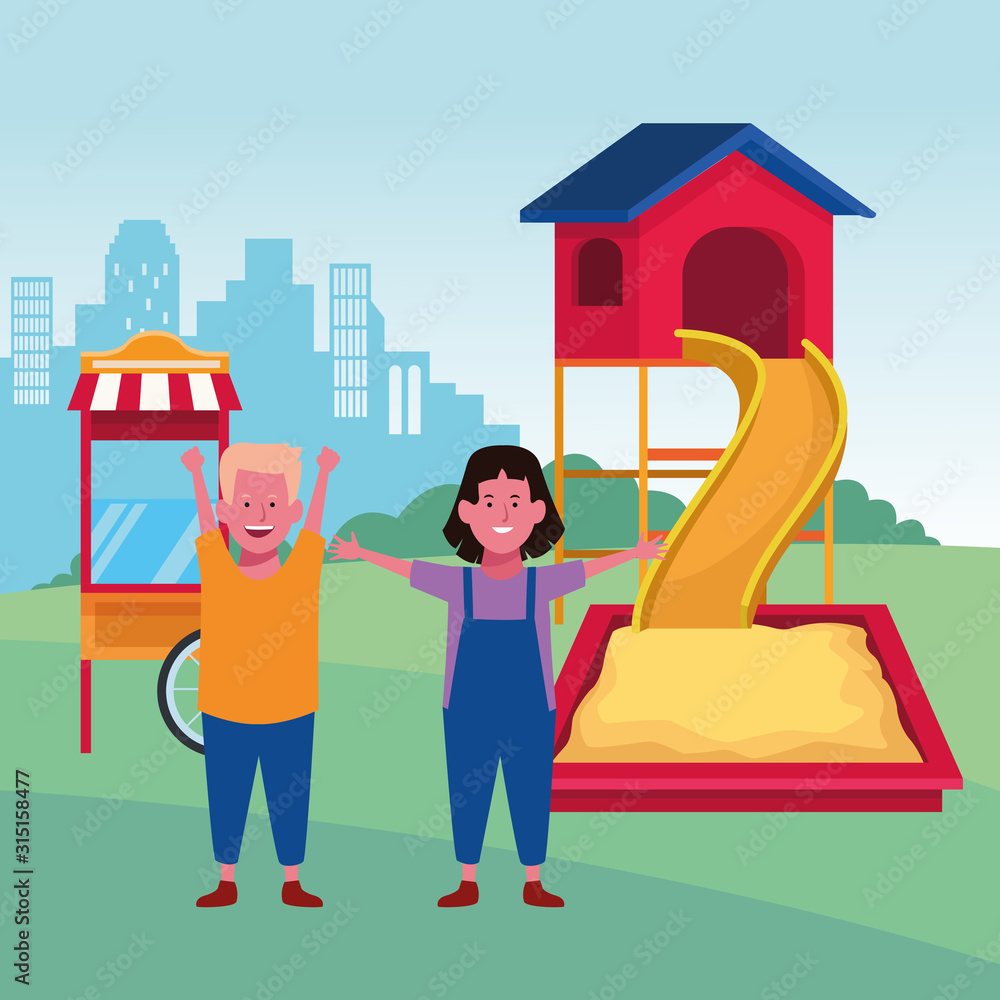 Φωτογραφία kids zone, happy boy and girl slide sandbox and food booth playground
