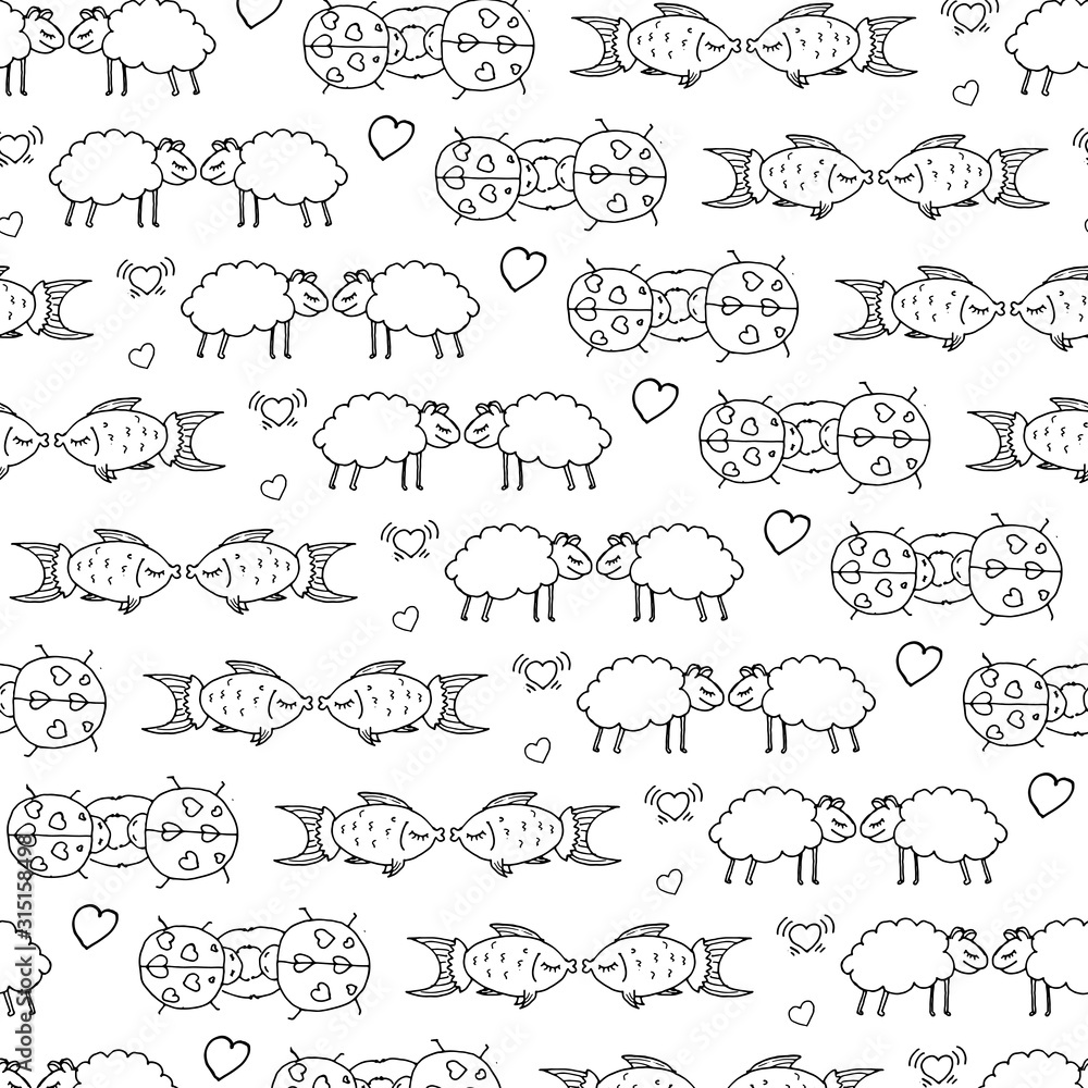 Concept February 14, Valentine's Day. endless black and white pattern vector image kissing cute hand-drawn in love animal sheep, ladybugs, fish, asexual