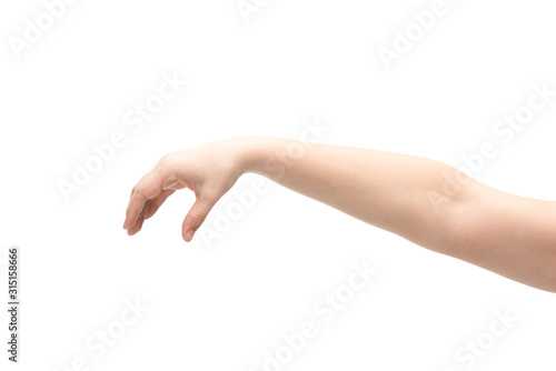 cropped view of woman showing hold gesture isolated on white