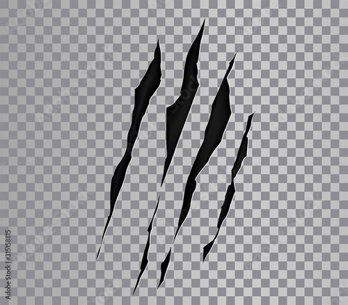 Claw marks of a monster or wild beast. Claws scratches. Animals paws, attack tracks. vector scratches on transparent background