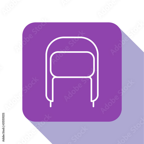 White line Winter hat with ear flaps icon isolated on white background. Purple square button. Vector Illustration