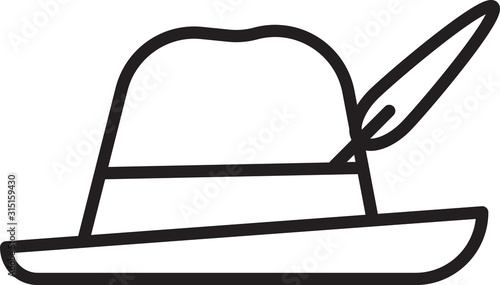 Black line Oktoberfest hat icon isolated on white background. Hunter hat with feather. German hat. Vector Illustration