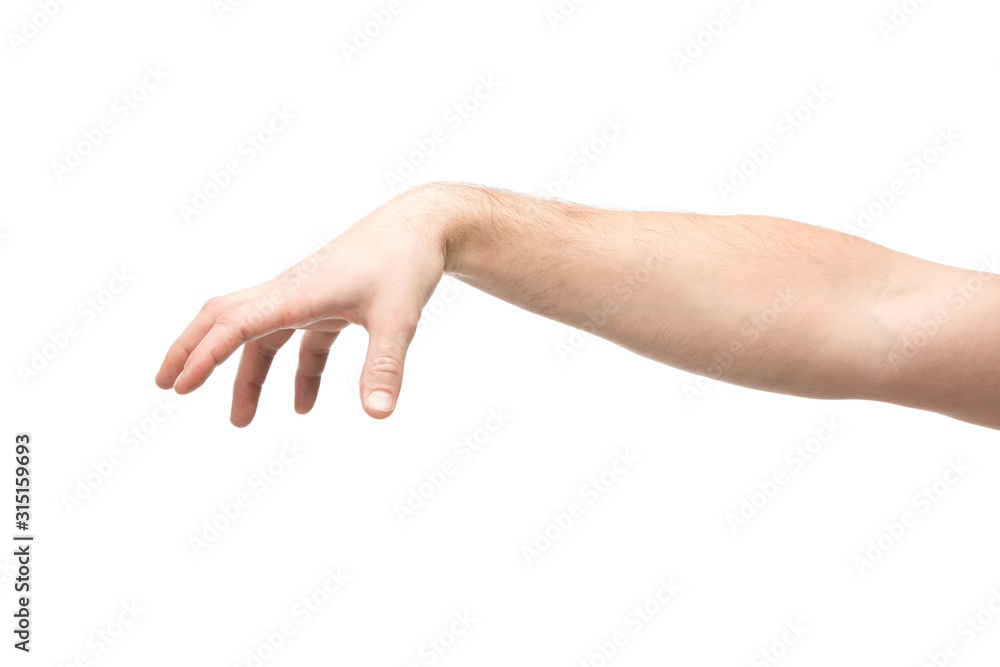 cropped view of man showing hold gesture isolated on white